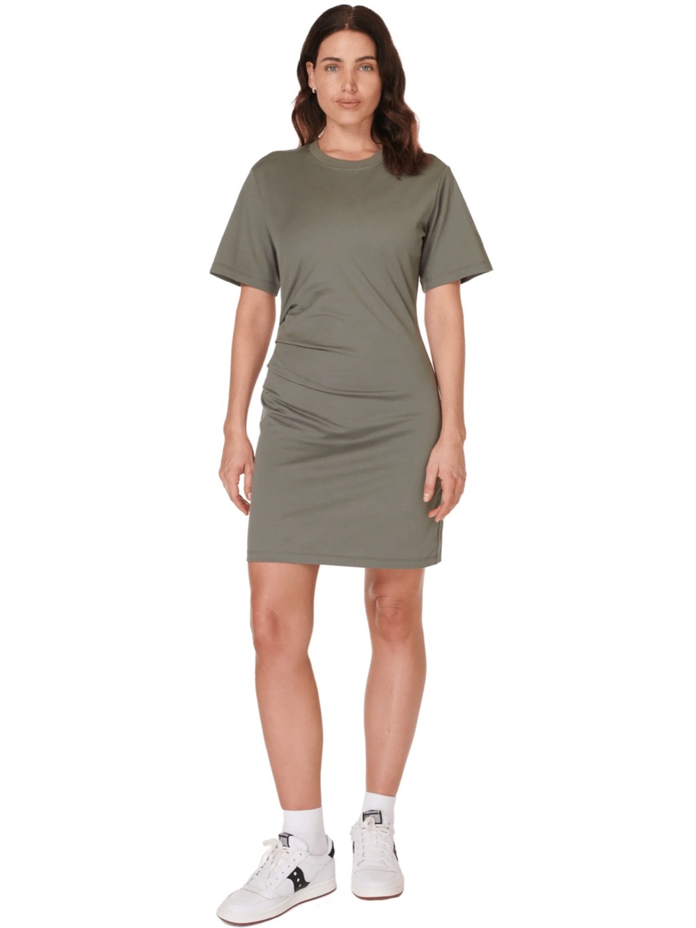 NWT Sweaty Betty Easy Ruched T-Shirt Dress in Umbra Green, Size Large